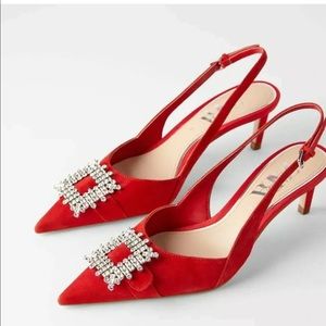 ZARA NEW WOMAN LEATHER SLINGBACK SHOES WITH BROOCH